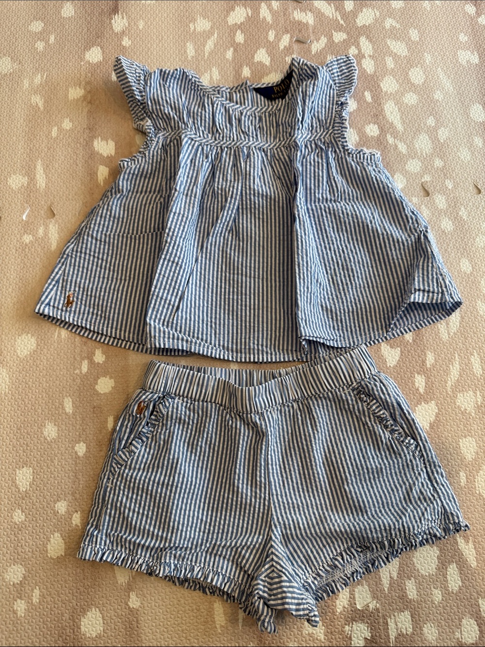 Polo Ralph Lauren Girls Blue White Striped Seersucker Top & Shorts Set Size 4